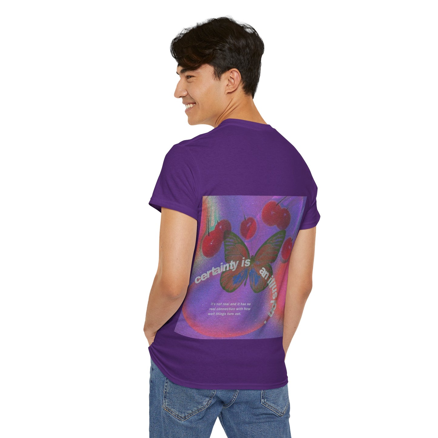Unisex Heavy Cotton Tee - 'Certainty is An Illusion' Graphic Shirt with Butterfly & Cherries