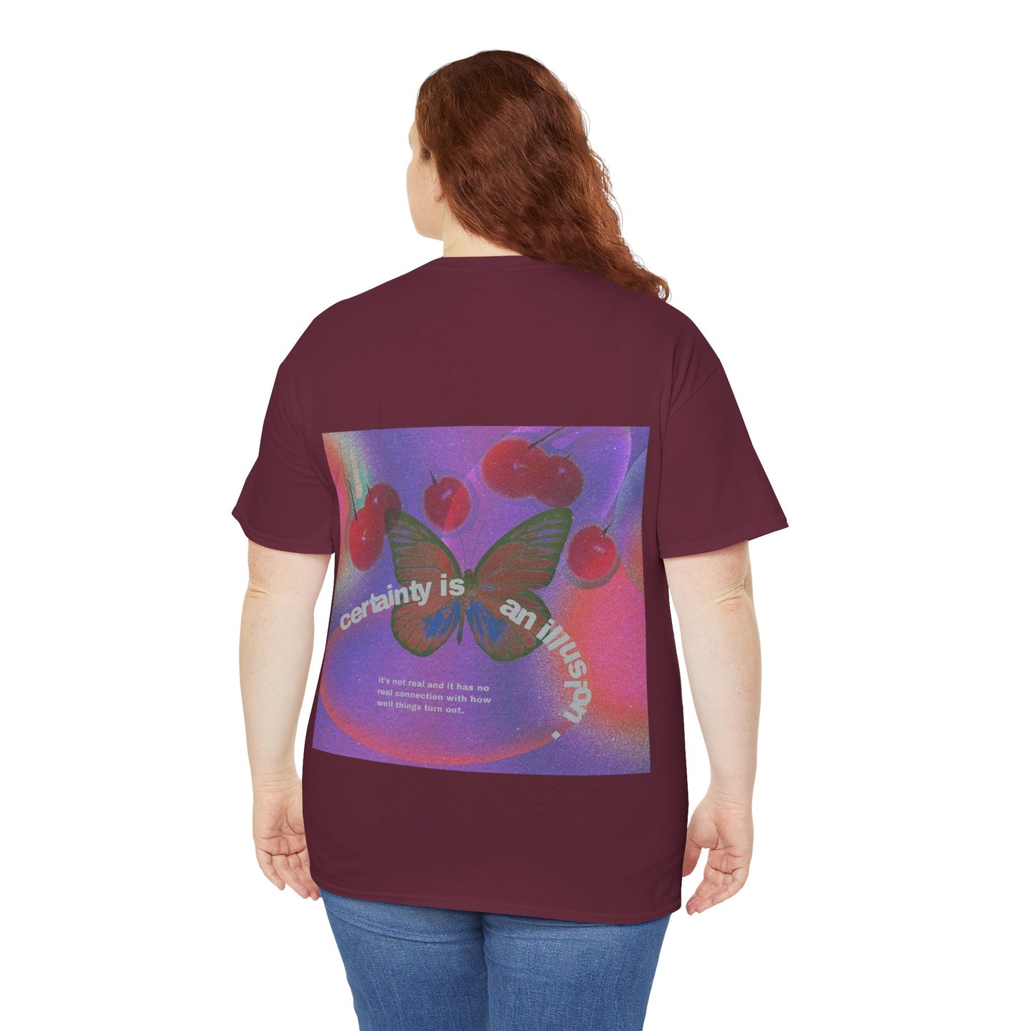 Unisex Heavy Cotton Tee - 'Certainty is An Illusion' Graphic Shirt with Butterfly & Cherries