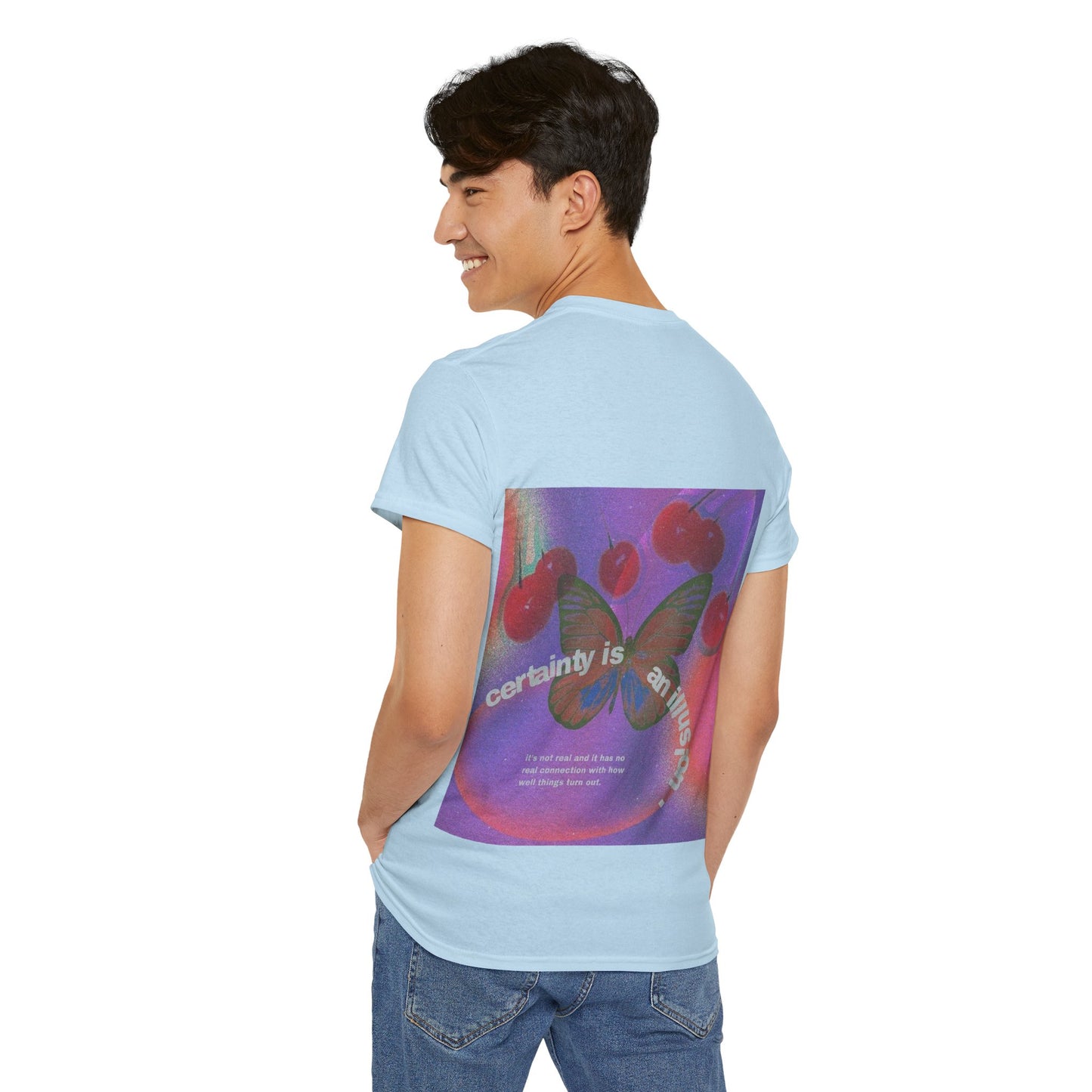 Unisex Heavy Cotton Tee - 'Certainty is An Illusion' Graphic Shirt with Butterfly & Cherries