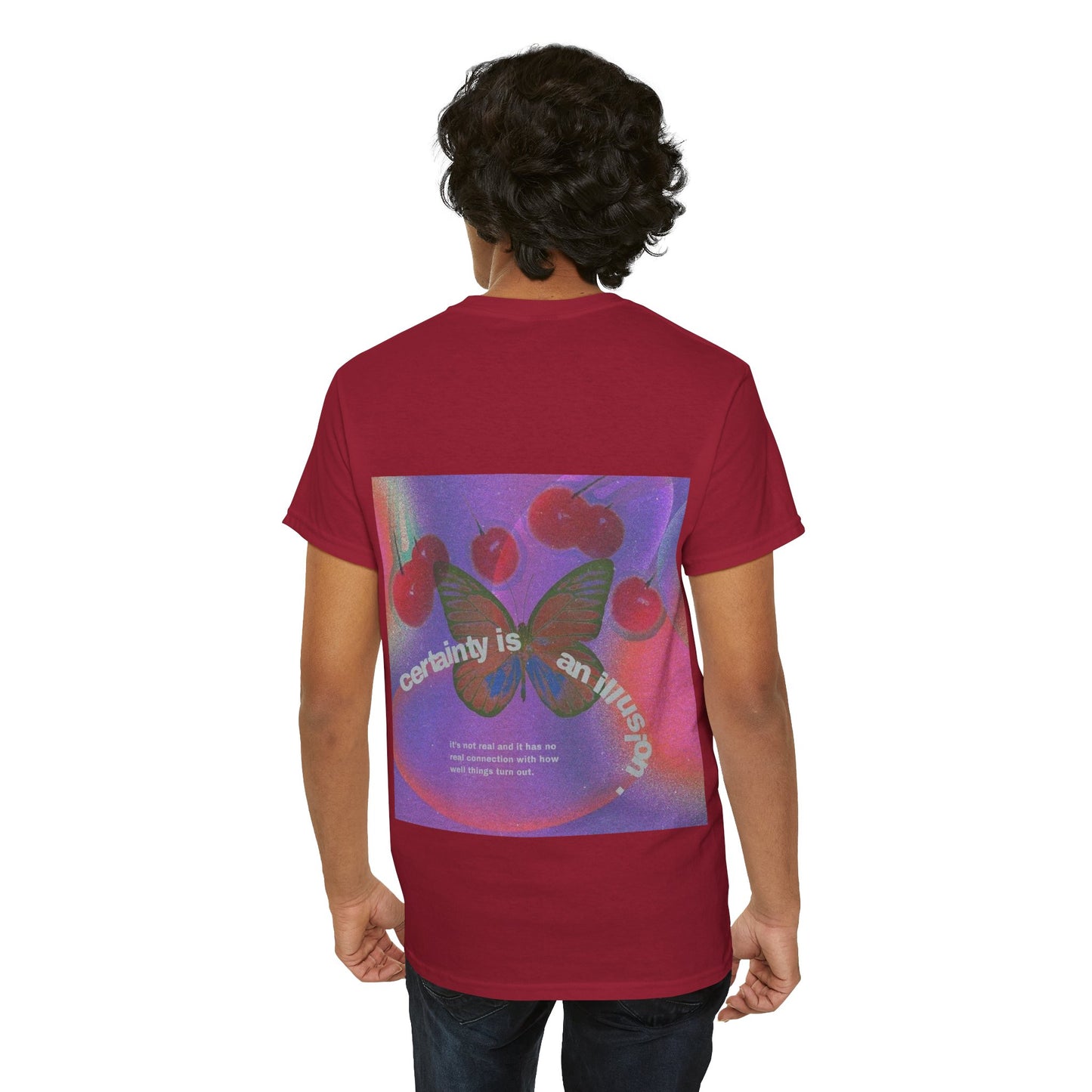 Unisex Heavy Cotton Tee - 'Certainty is An Illusion' Graphic Shirt with Butterfly & Cherries