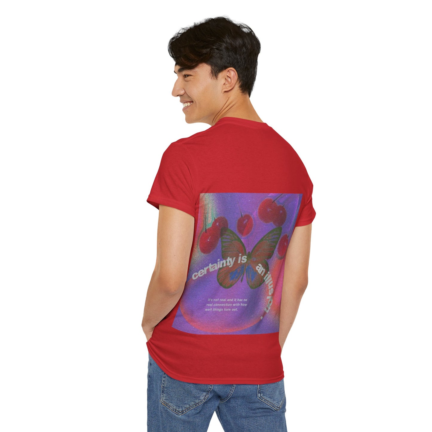 Unisex Heavy Cotton Tee - 'Certainty is An Illusion' Graphic Shirt with Butterfly & Cherries