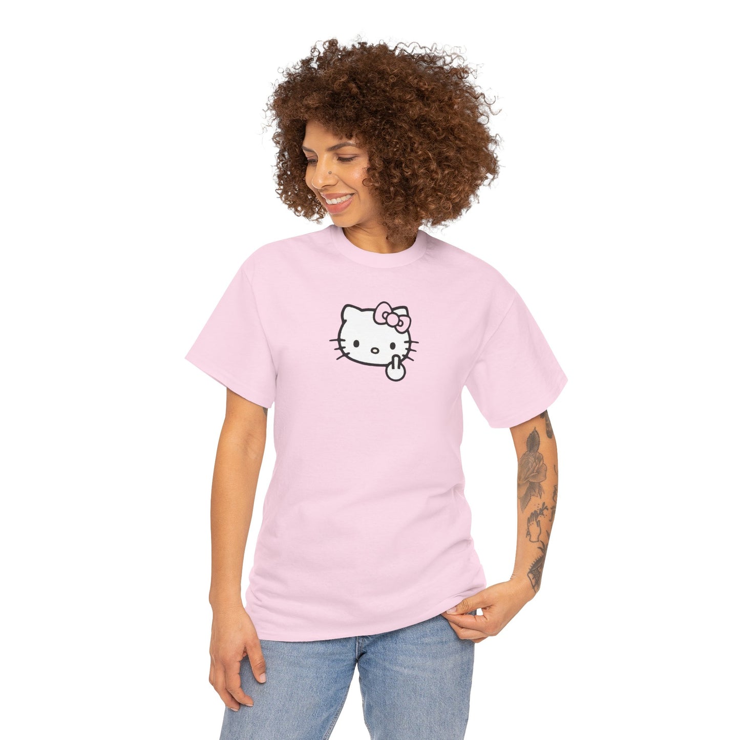 Hello Kitty Minimal Cream Unisex Tee — Small Center Logo Cute Cat with Fuck Off Face T-Shirt