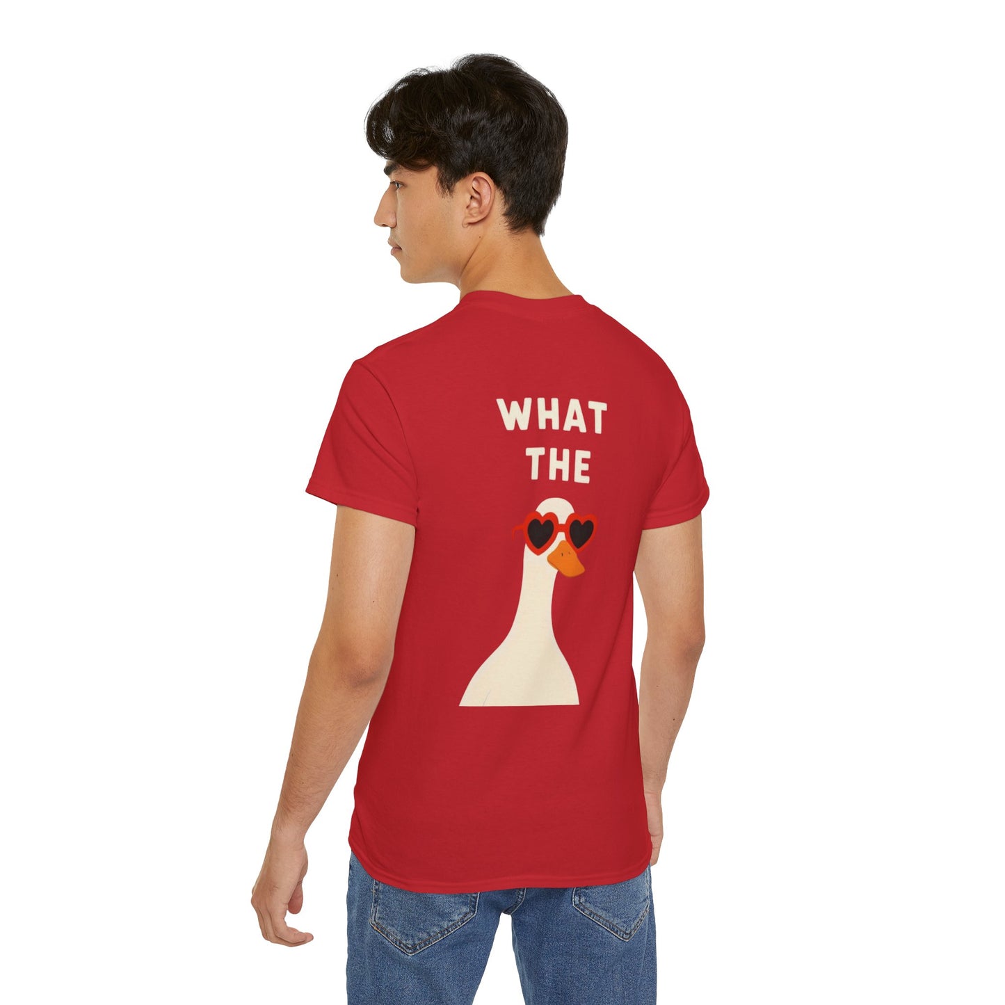 Graphic Unisex Tee — "What The" Duck with Heart Sunglasses T-Shirt