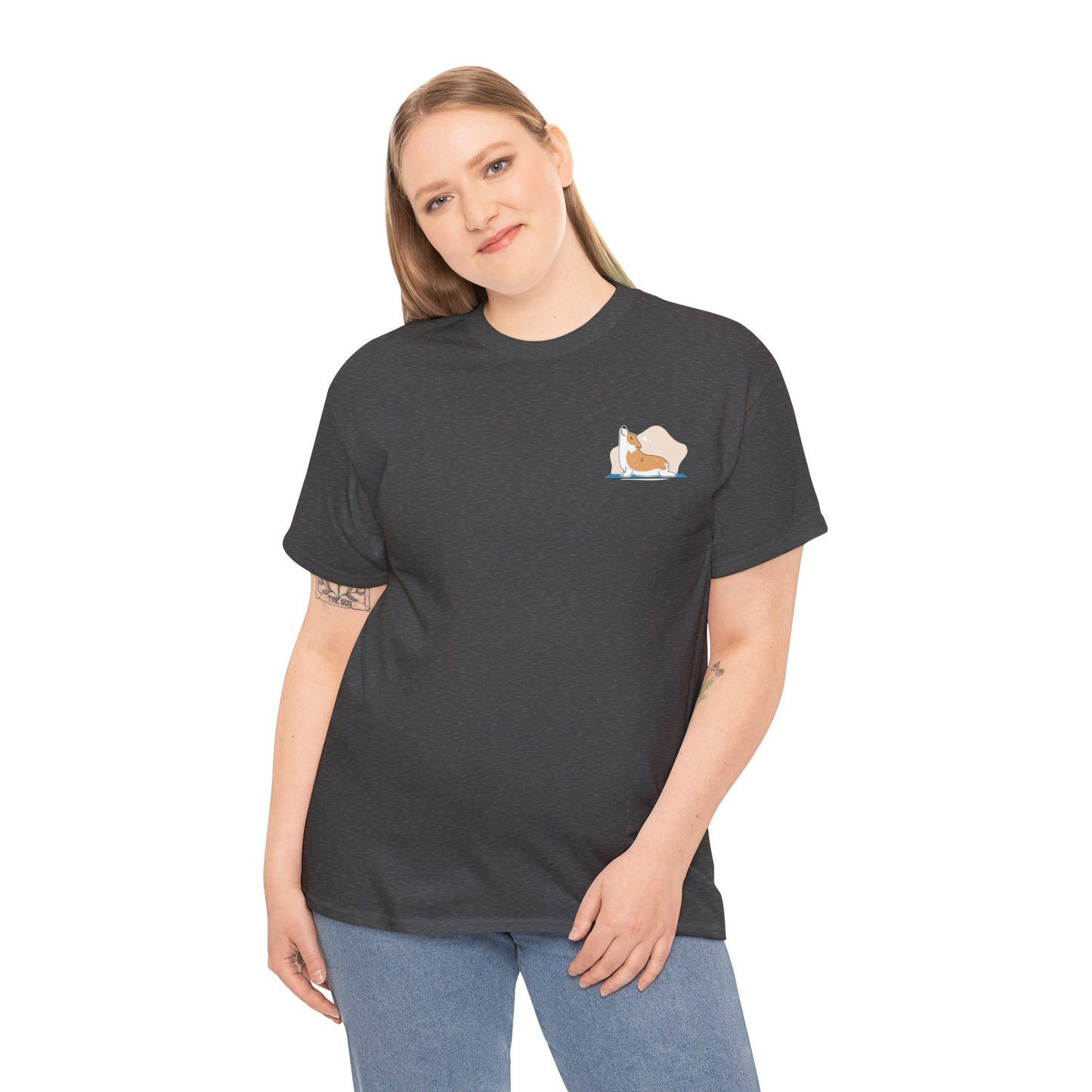 Unisex Heavy Cotton Tee - Cute on Yoga Matt Dog Design