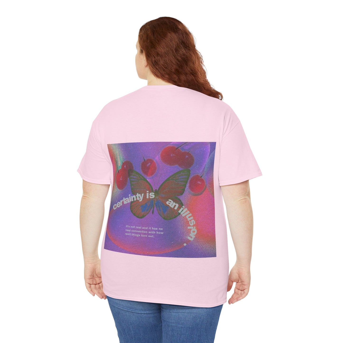 Unisex Heavy Cotton Tee - 'Certainty is An Illusion' Graphic Shirt with Butterfly & Cherries