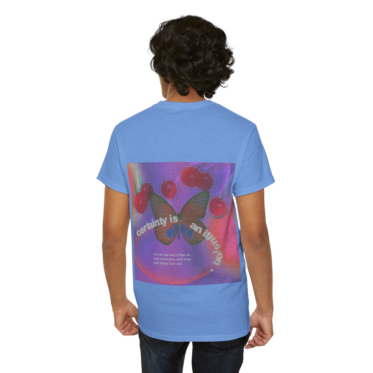 Unisex Heavy Cotton Tee - 'Certainty is An Illusion' Graphic Shirt with Butterfly & Cherries