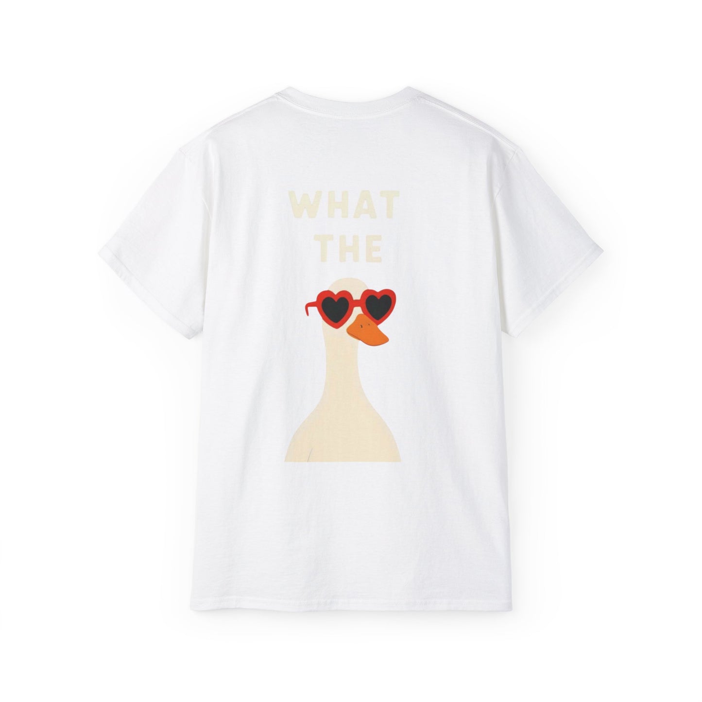 Graphic Unisex Tee — "What The" Duck with Heart Sunglasses T-Shirt