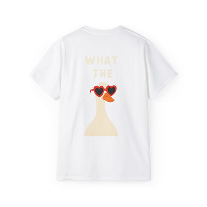 Graphic Unisex Tee — "What The" Duck with Heart Sunglasses T-Shirt