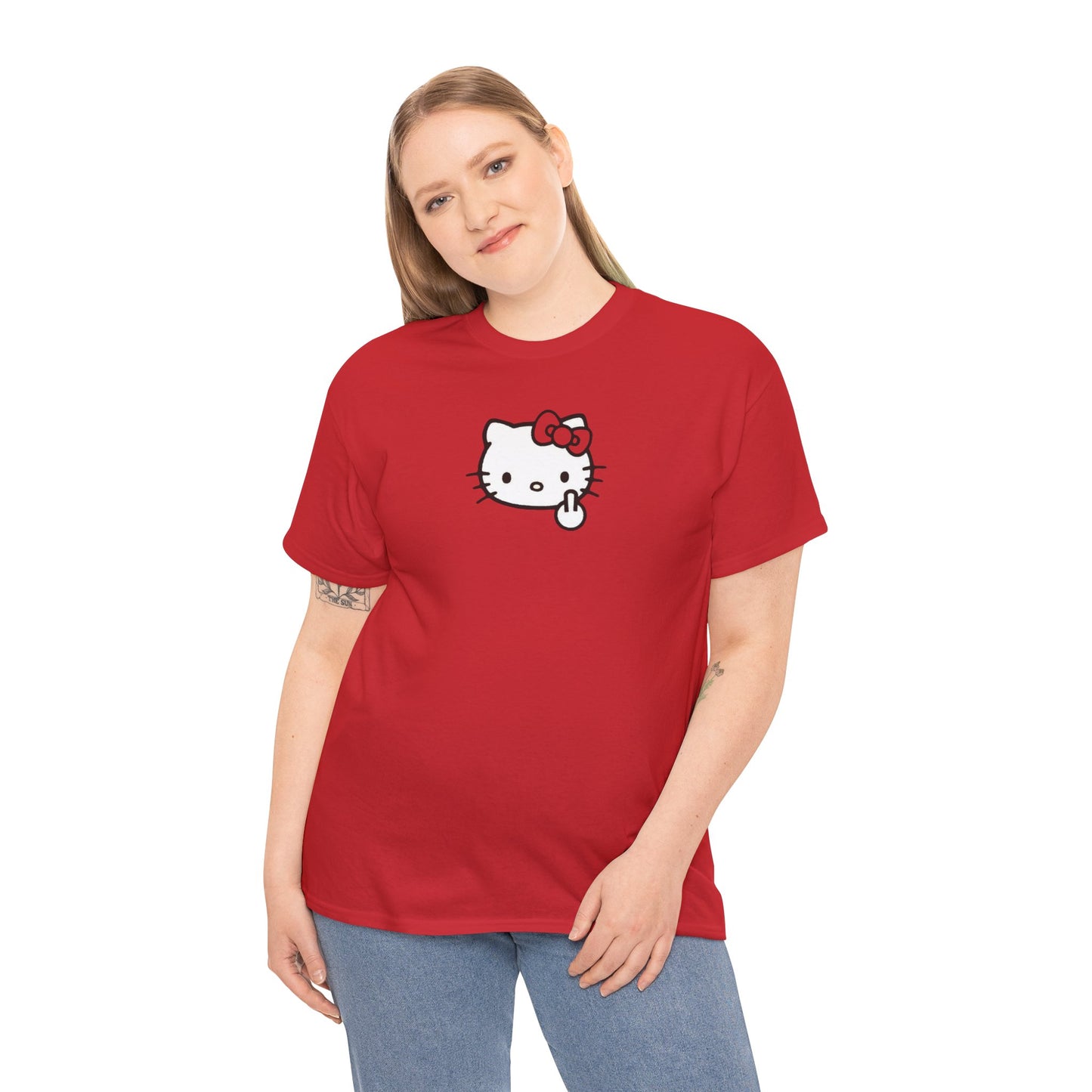 Hello Kitty Minimal Cream Unisex Tee — Small Center Logo Cute Cat with Fuck Off Face T-Shirt