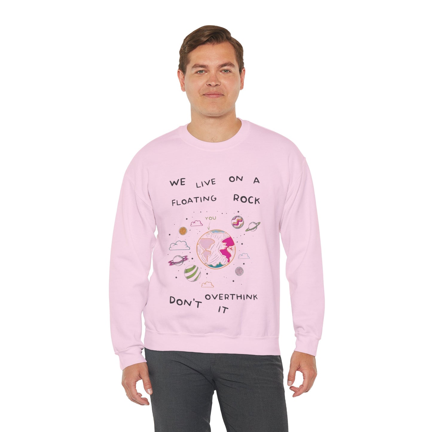 Relaxed Cozy Pullover Crewneck Unisex Sweatshirt — "We Live on a Floating Rock" Earthy Space Graphic