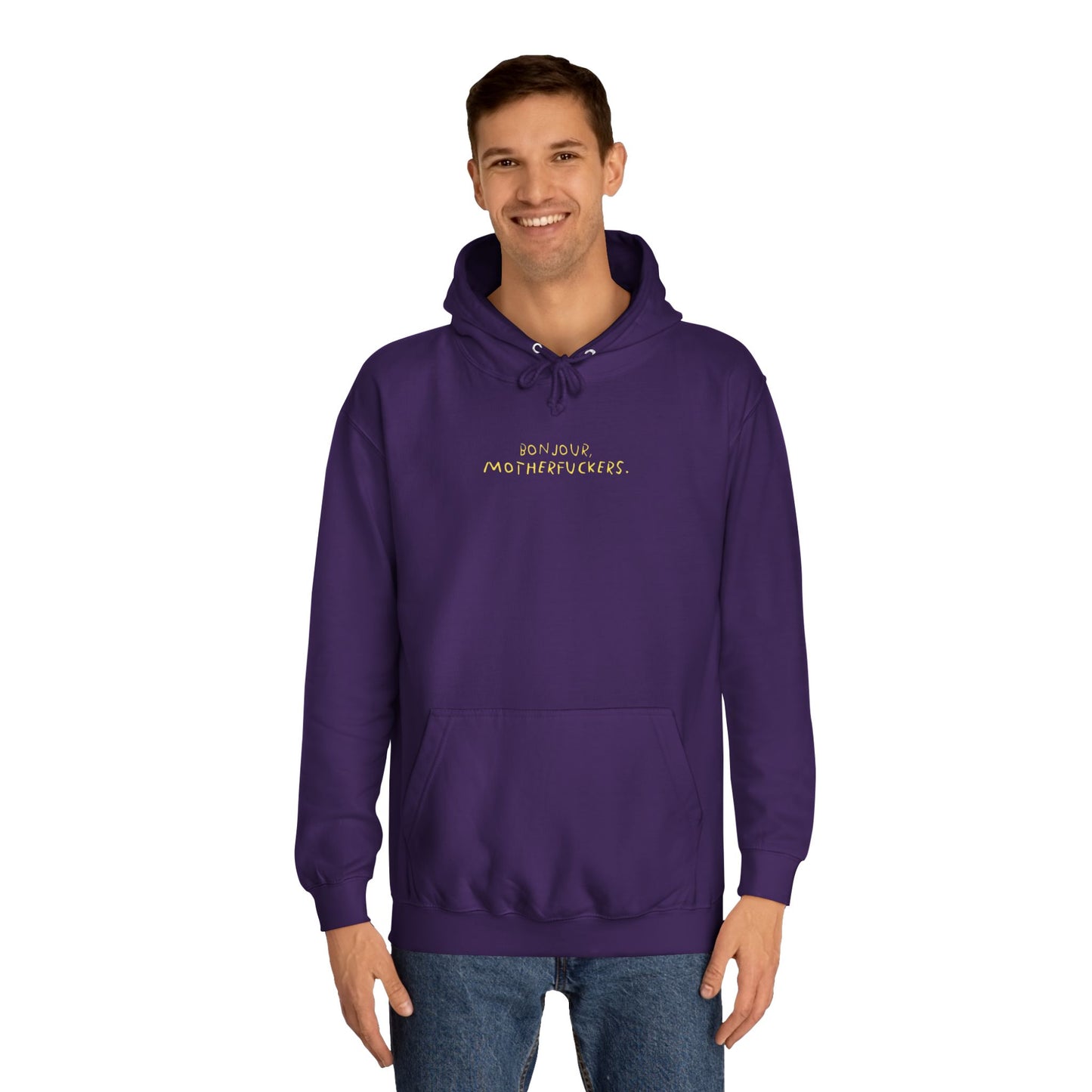 Bonjour Motherfuckers College Hoodie — Bold Campus Graphic Hoodie