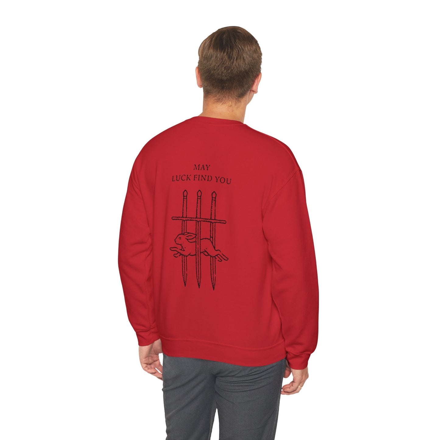 Unisex Crewneck Sweatshirt — "May Luck Find You" Vintage Three Swords Graphic