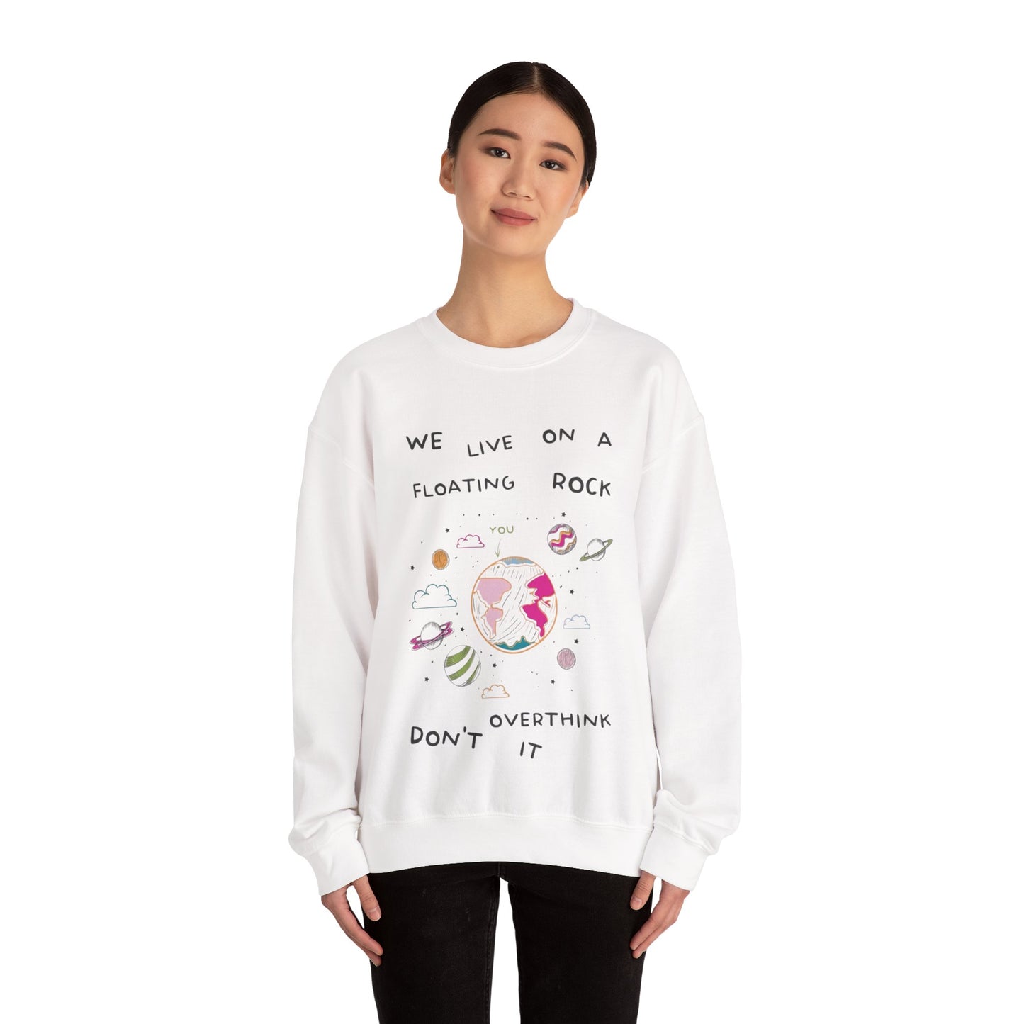 Relaxed Cozy Pullover Crewneck Unisex Sweatshirt — "We Live on a Floating Rock" Earthy Space Graphic