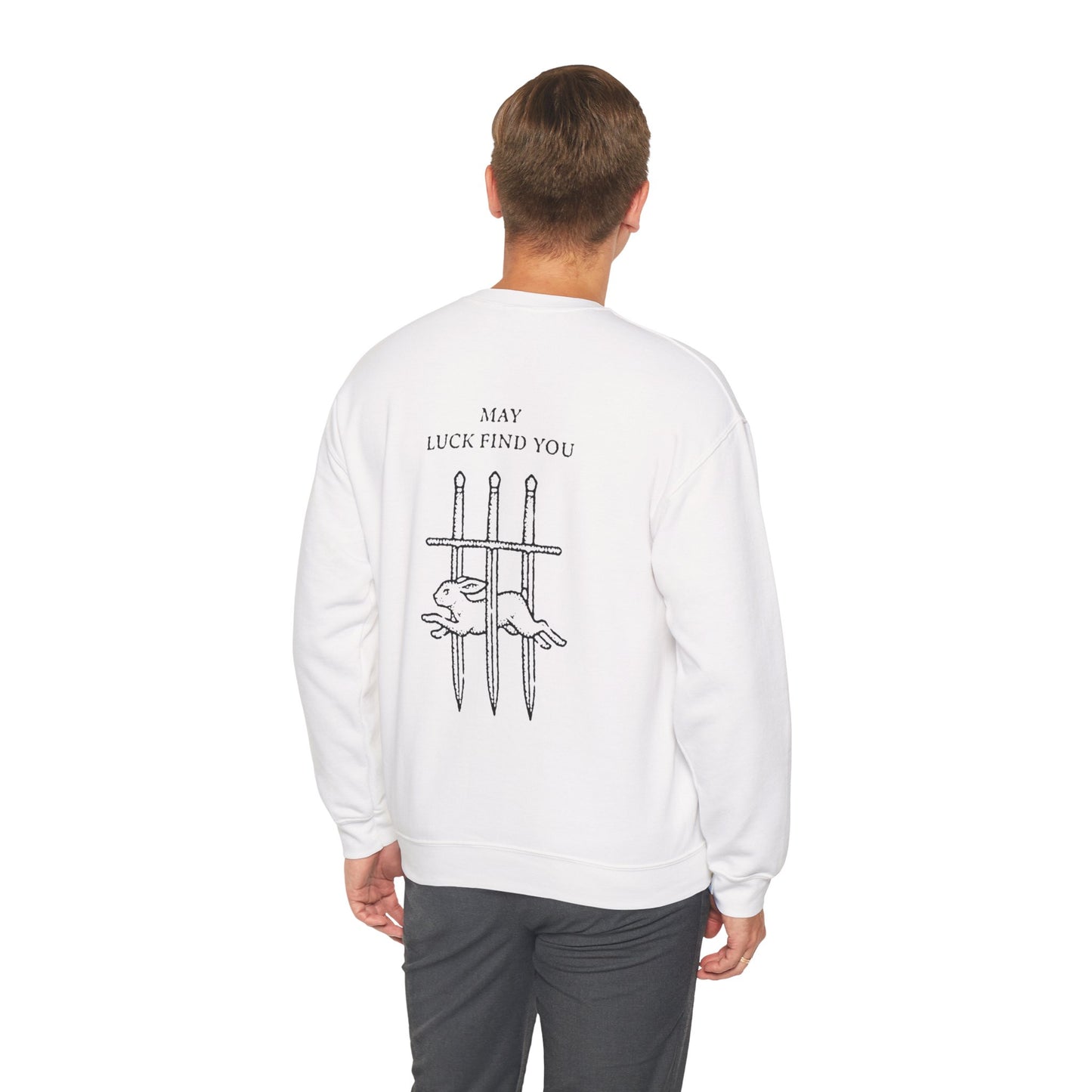 Unisex Crewneck Sweatshirt — "May Luck Find You" Vintage Three Swords Graphic