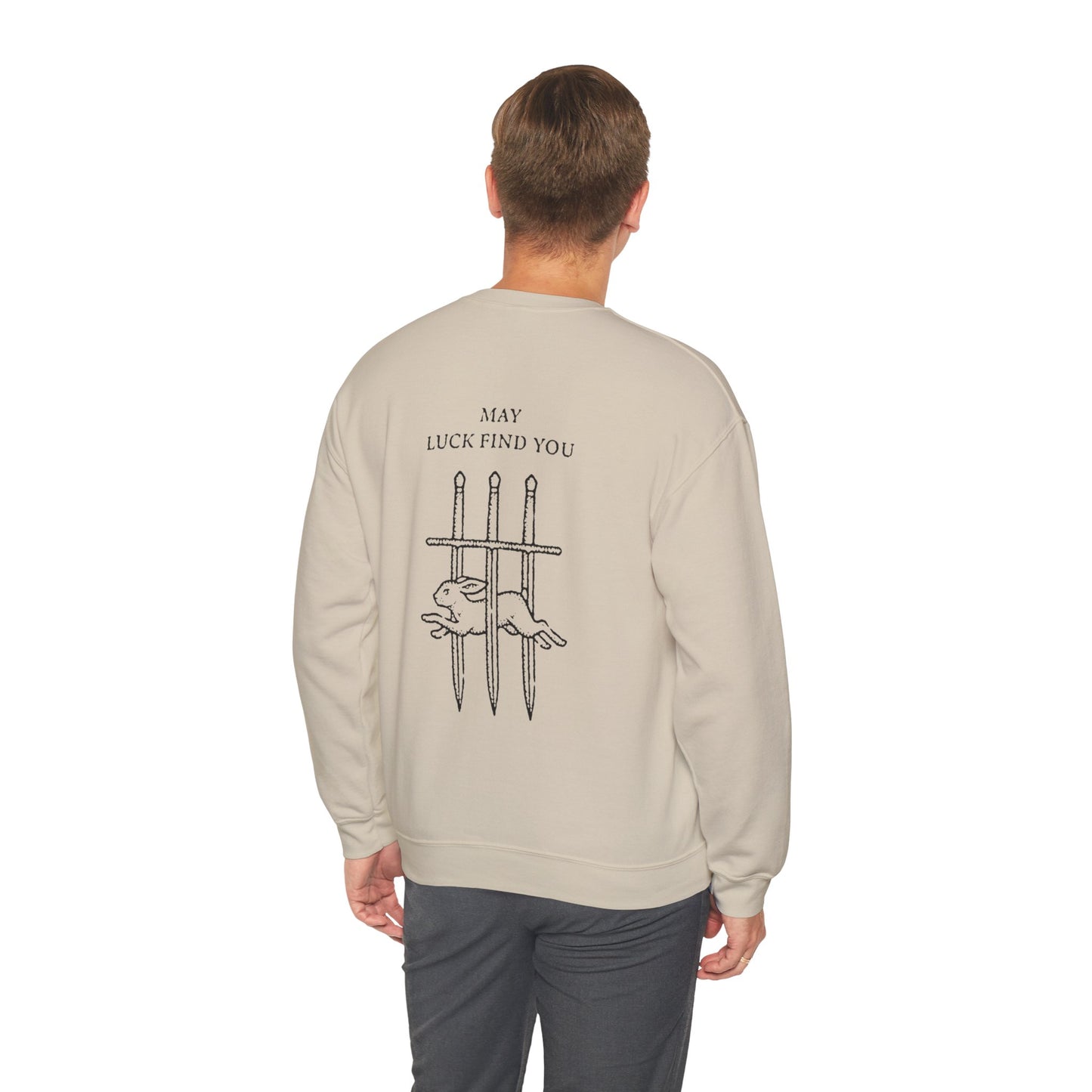 Unisex Crewneck Sweatshirt — "May Luck Find You" Vintage Three Swords Graphic