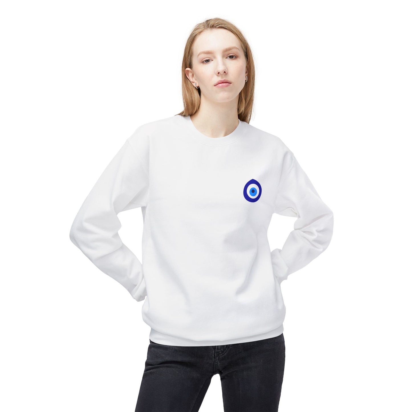 Crewneck Sweatshirt with Evil Eye Chest Logo – Protective Minimalist Design