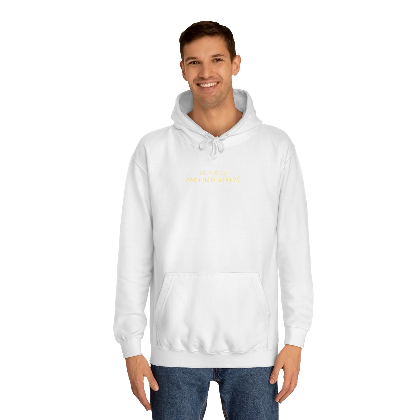 Bonjour Motherfuckers College Hoodie — Bold Campus Graphic Hoodie
