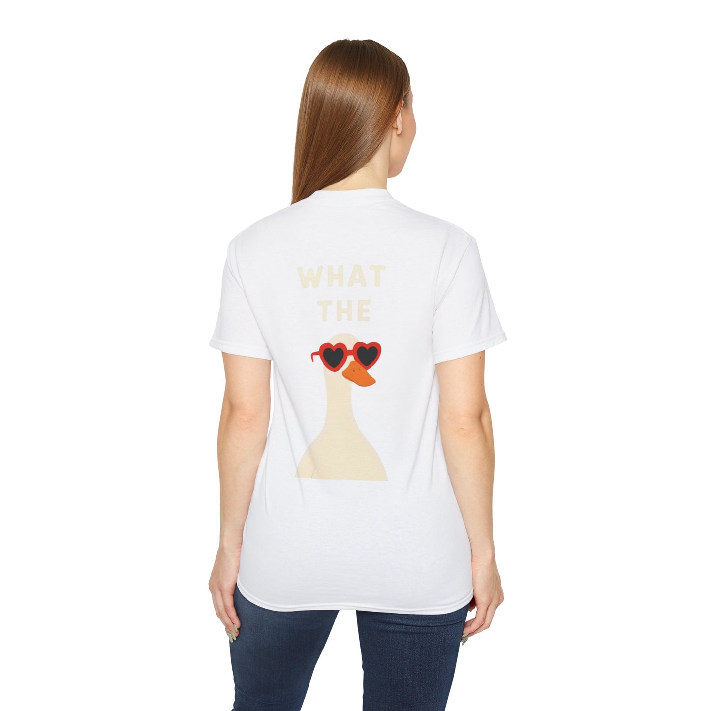 Graphic Unisex Tee — "What The" Duck with Heart Sunglasses T-Shirt