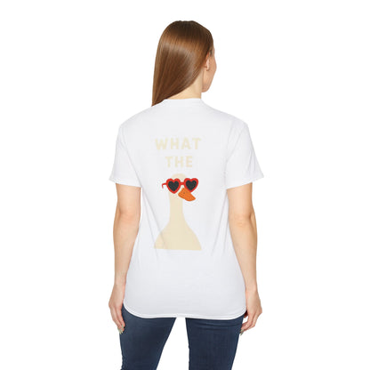 Graphic Unisex Tee — "What The" Duck with Heart Sunglasses T-Shirt