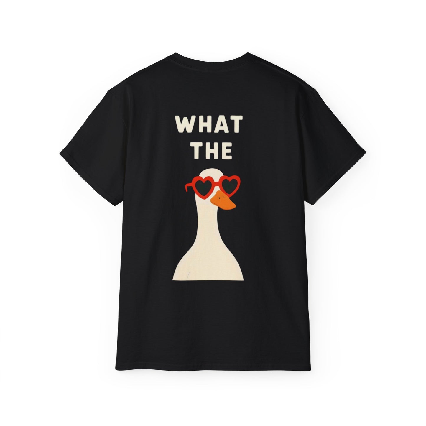 Graphic Unisex Tee — "What The" Duck with Heart Sunglasses T-Shirt