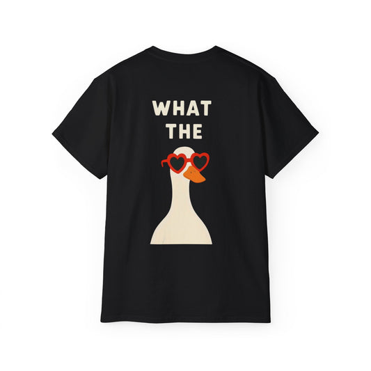 Graphic Unisex Tee — "What The" Duck with Heart Sunglasses T-Shirt