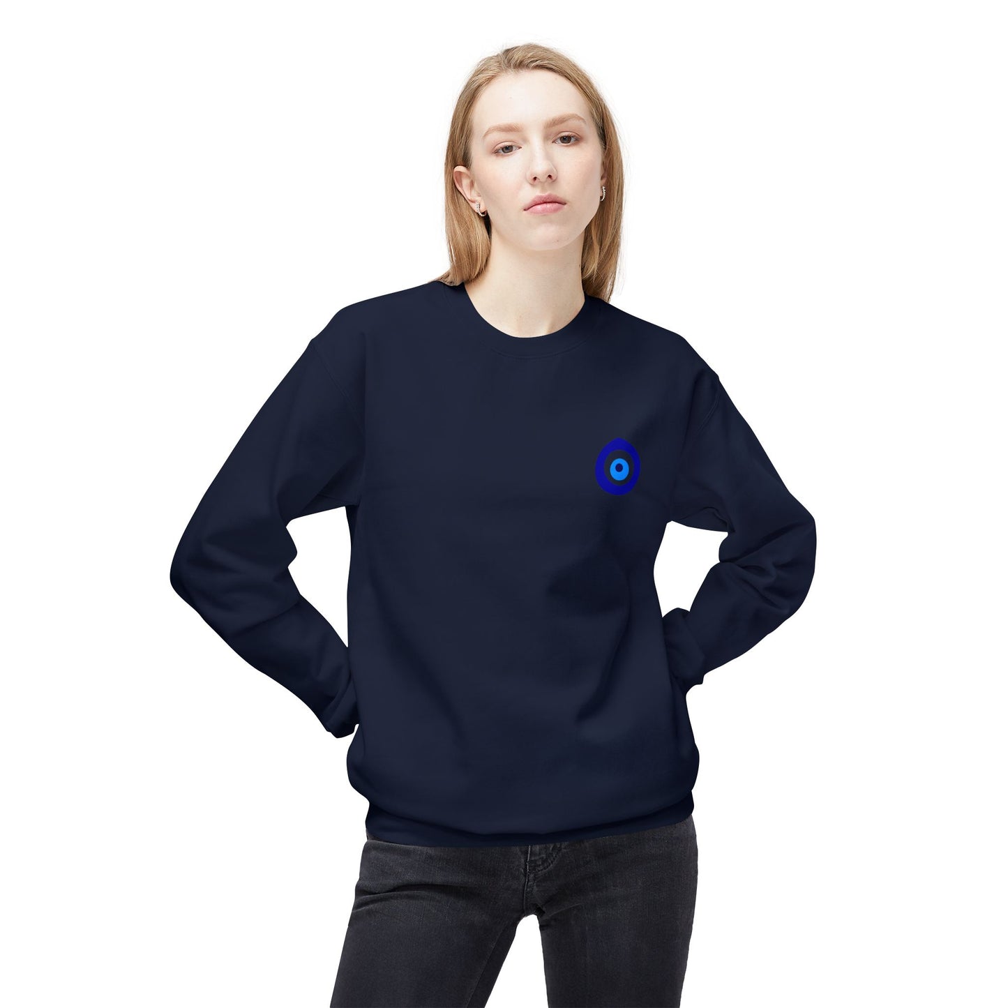 Crewneck Sweatshirt with Evil Eye Chest Logo – Protective Minimalist Design