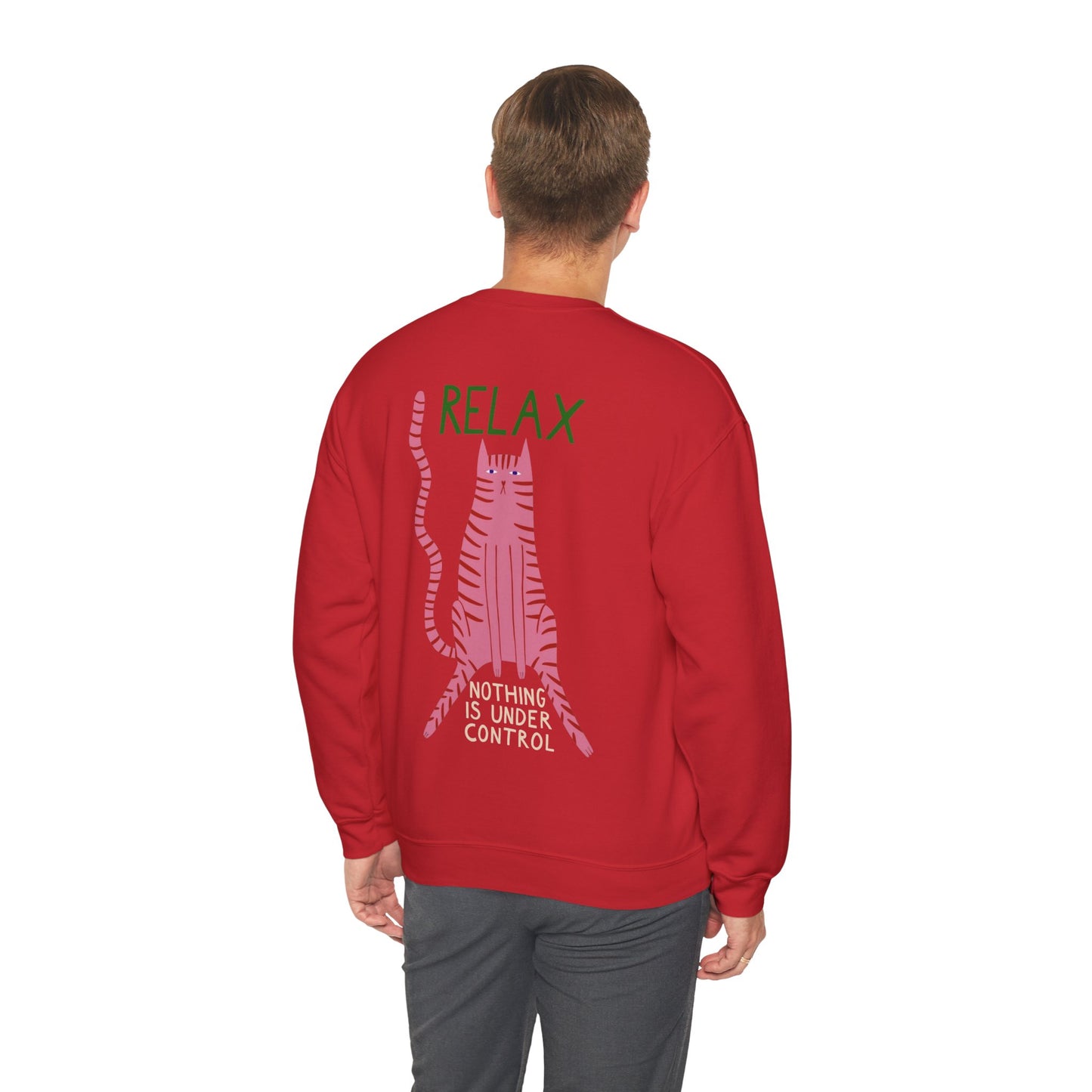 Relax Cat Unisex Sweatshirt — Graphic Crewneck with Pink Cat Illustration