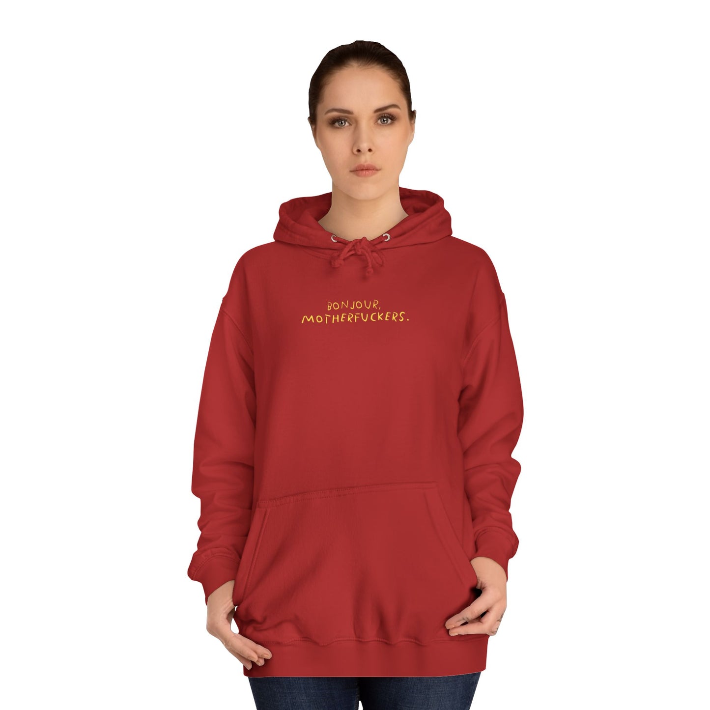 Bonjour Motherfuckers College Hoodie — Bold Campus Graphic Hoodie