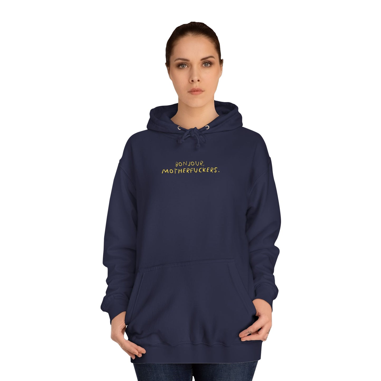Bonjour Motherfuckers College Hoodie — Bold Campus Graphic Hoodie