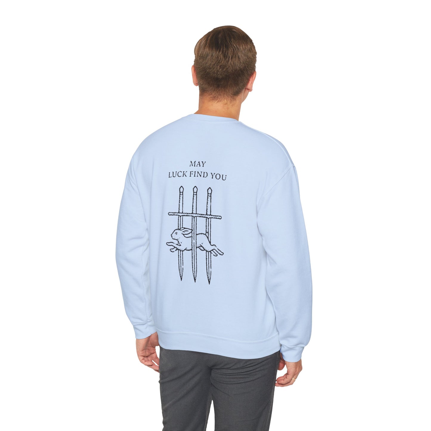 Unisex Crewneck Sweatshirt — "May Luck Find You" Vintage Three Swords Graphic