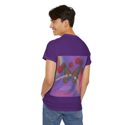 Unisex Heavy Cotton Tee - 'Certainty is An Illusion' Graphic Shirt with Butterfly & Cherries