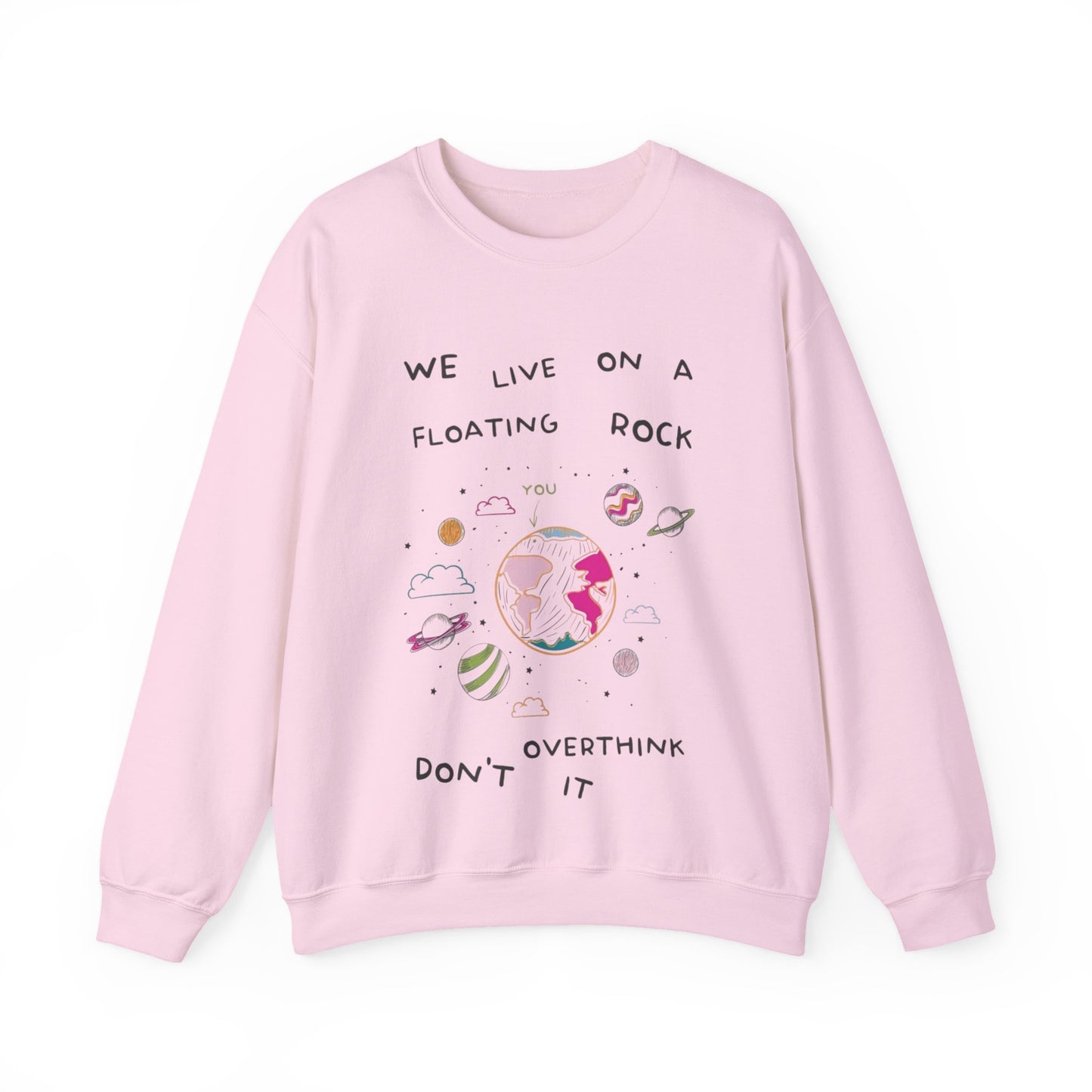 Relaxed Cozy Pullover Crewneck Unisex Sweatshirt — "We Live on a Floating Rock" Earthy Space Graphic