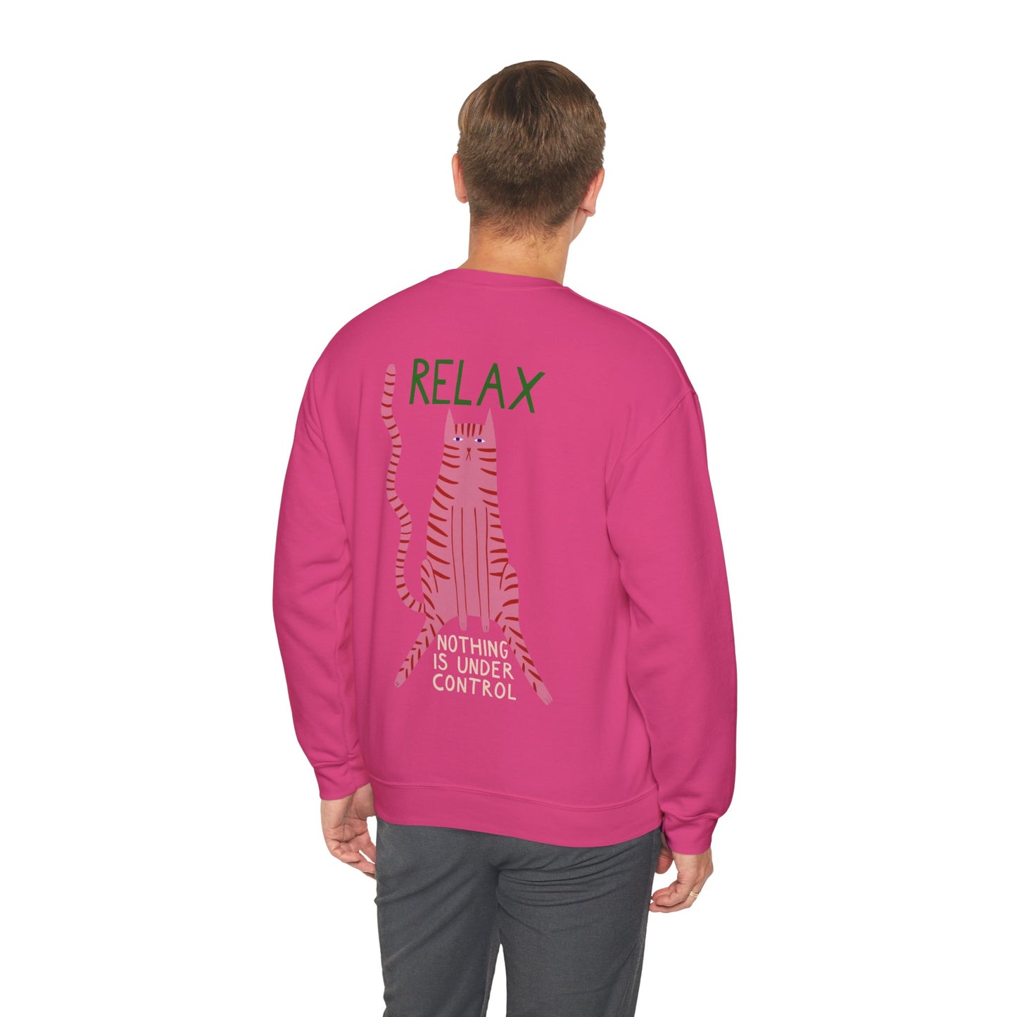Relax Cat Unisex Sweatshirt — Graphic Crewneck with Pink Cat Illustration