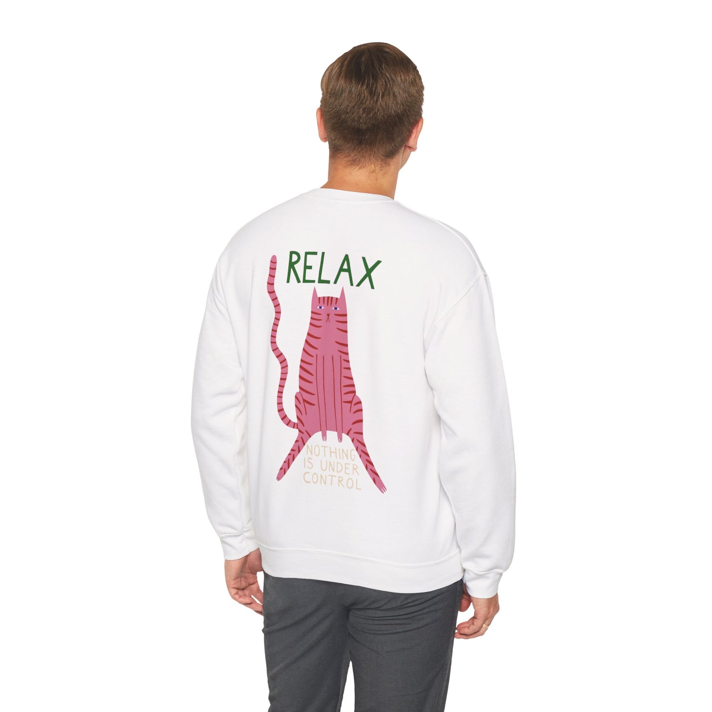 Relax Cat Unisex Sweatshirt — Graphic Crewneck with Pink Cat Illustration