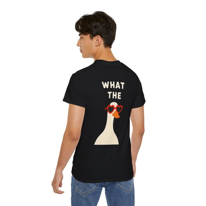 Graphic Unisex Tee — "What The" Duck with Heart Sunglasses T-Shirt