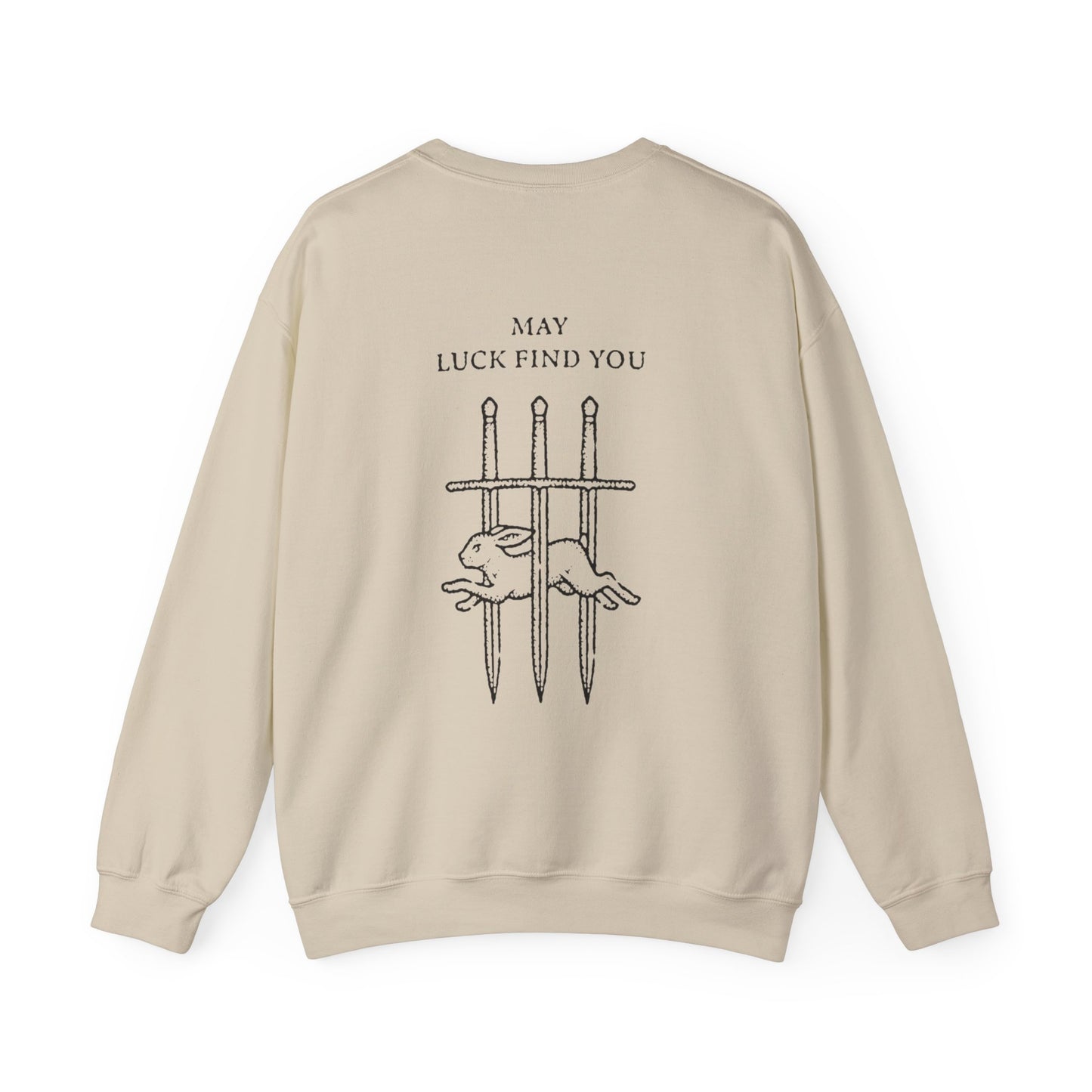 Unisex Crewneck Sweatshirt — "May Luck Find You" Vintage Three Swords Graphic