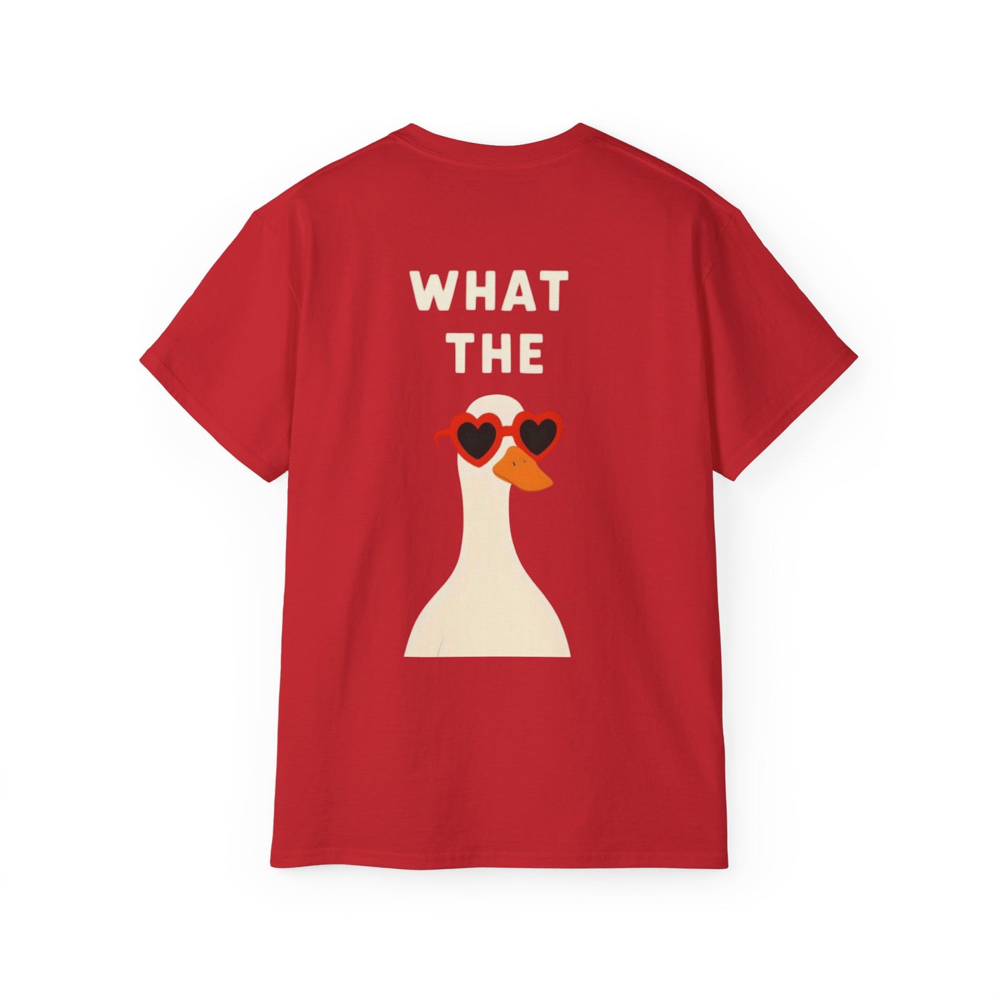 Graphic Unisex Tee — "What The" Duck with Heart Sunglasses T-Shirt
